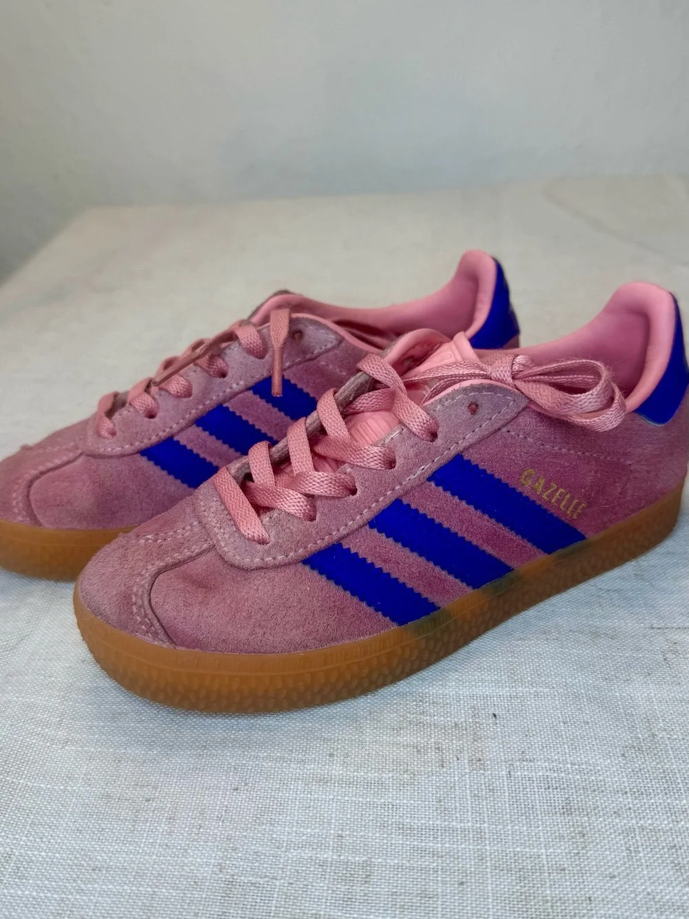 adidas Kids Pink Gazelle Suede Sneakers with Blue Stripes